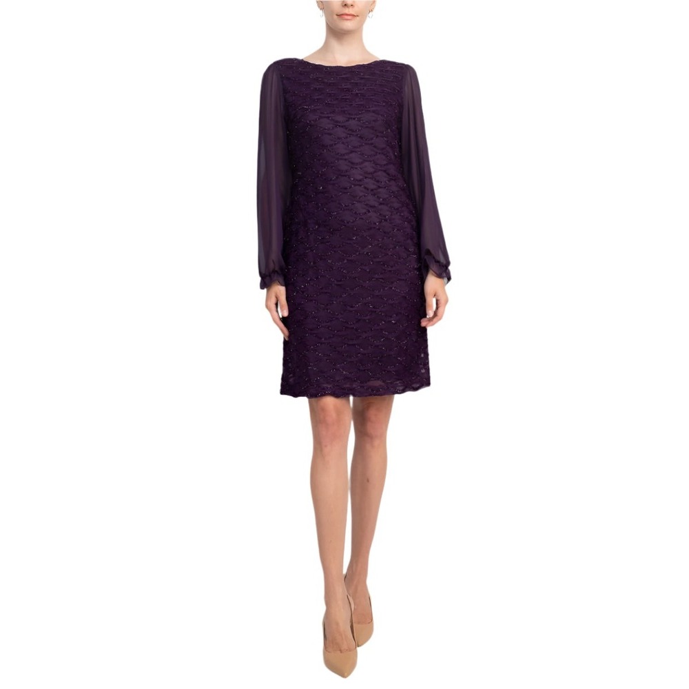Connected Apparel Purple Glitter Wavy Shift Dress Sheer Long Sleeve Womens 16